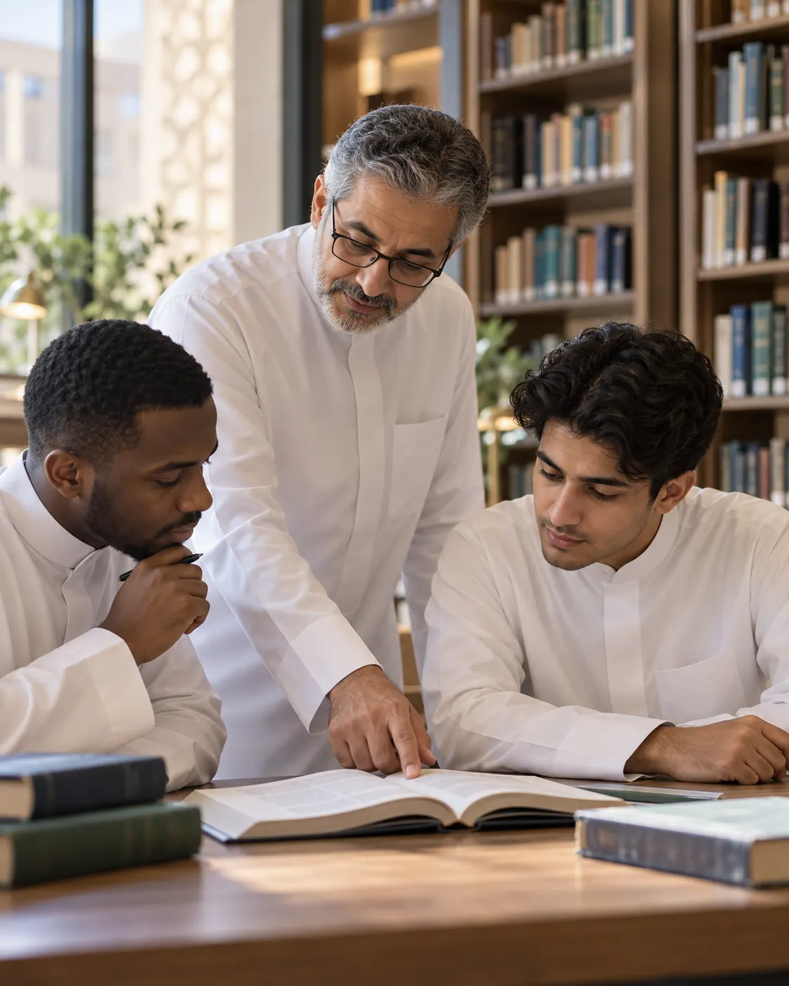 صورة توضيحية لمعلّم عربي يساعد شابين على التعلّم من كتاب